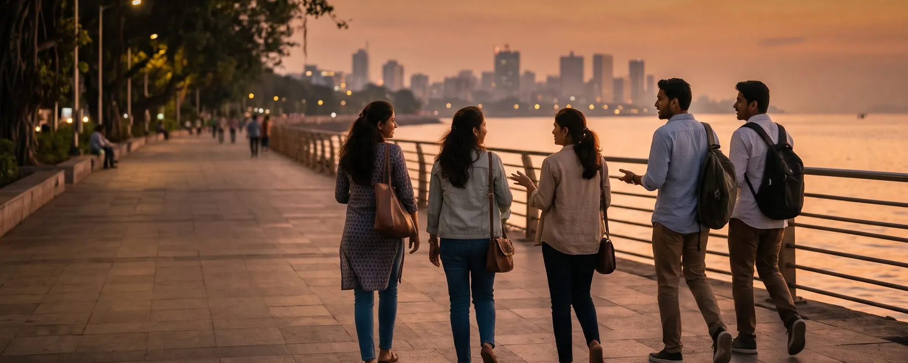 Friends walking together along a seafront promenade at sunset, the city skyline across the water.