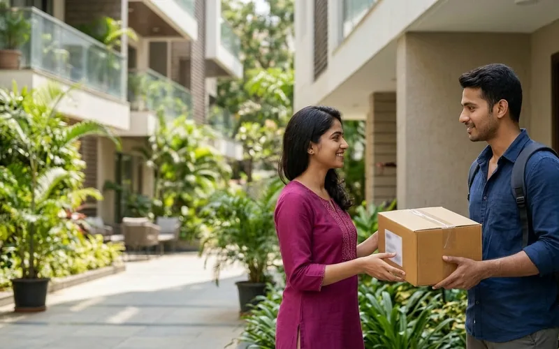 A traveller with a backpack handing a cardboard parcel to a woman at the entrance of an apartment building.