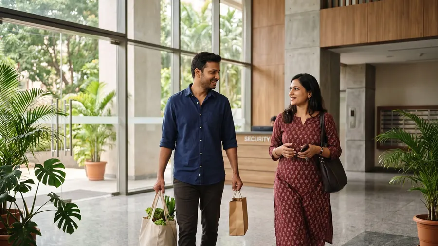 Two neighbours meeting in an apartment lobby, shopping bags in hand.