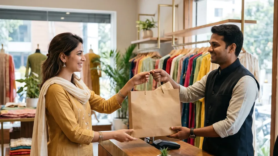 A shopkeeper passing a paper bag across the counter to a customer.