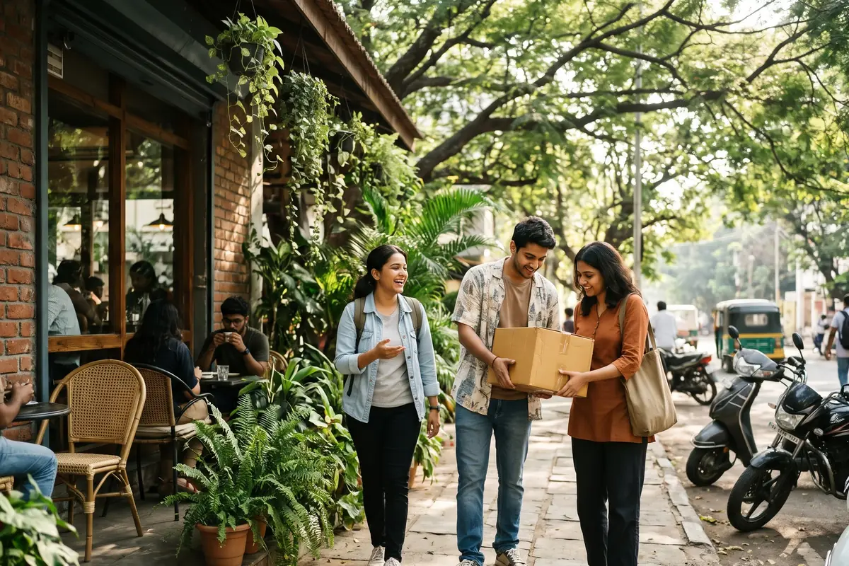 Three friends on a leafy street outside a café, a cardboard parcel changing hands between them.