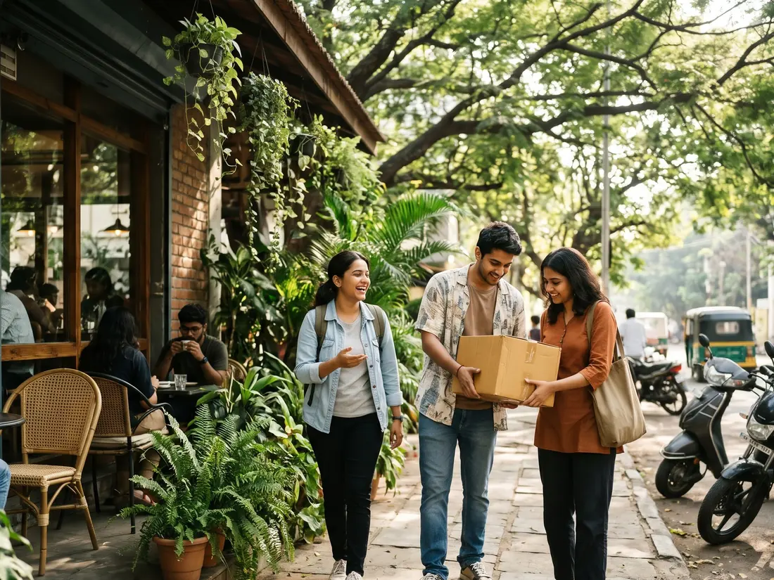 Three friends on a tree-lined street outside a café, one passing a cardboard parcel into another’s hands.