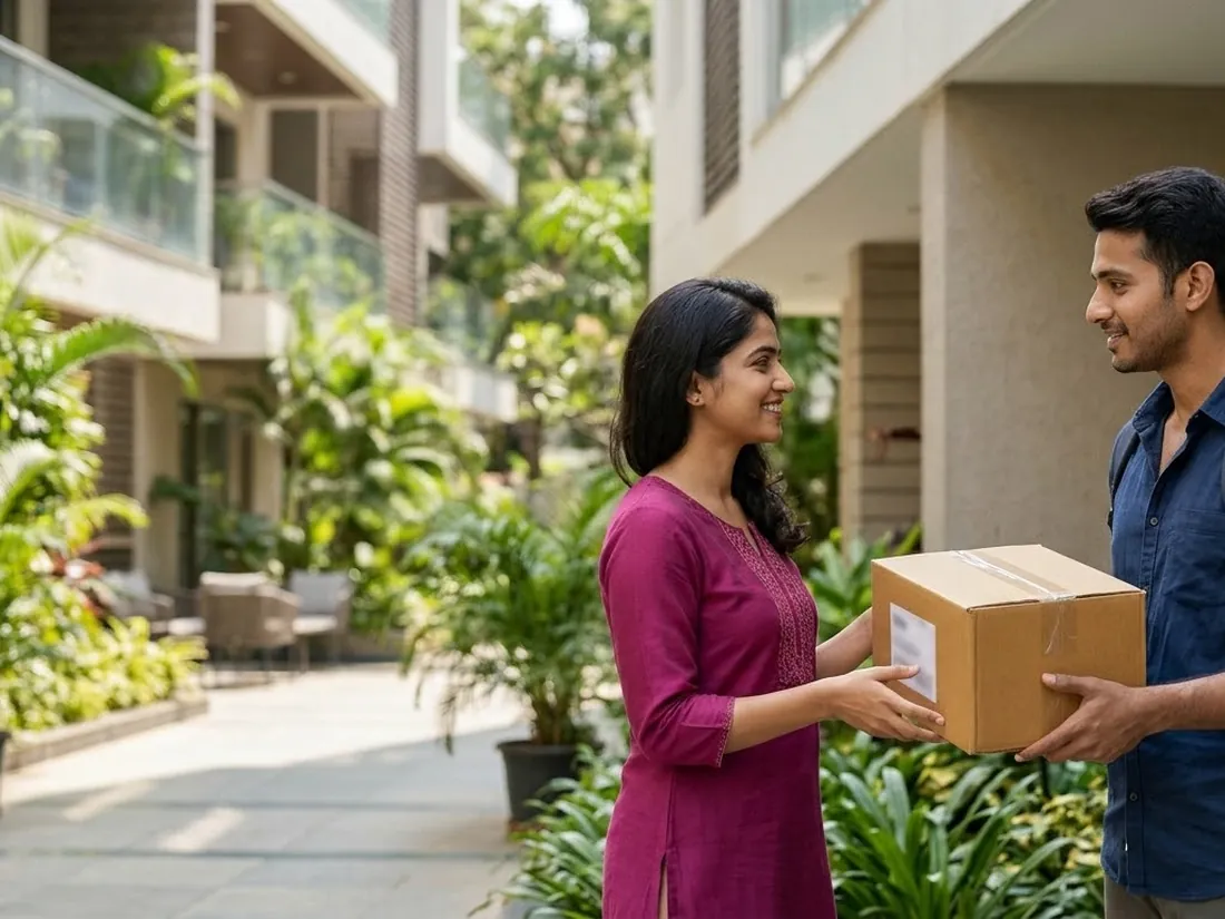 A traveller handing a cardboard parcel to a woman at her doorstep.