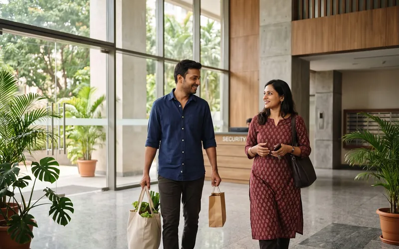 A man and a woman walking through a building lobby together, carrying grocery and shopping bags.